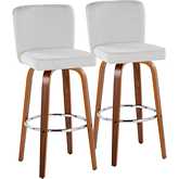 Henry 30" Swivel Bar Stool in Walnut Wood & White Fabric with Round Chrome Footrest (Set of 2)